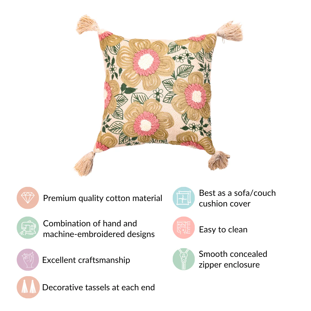 Ribbon And Punch Needle Embroidery Cushion Case 16x16 Inch - Image 4