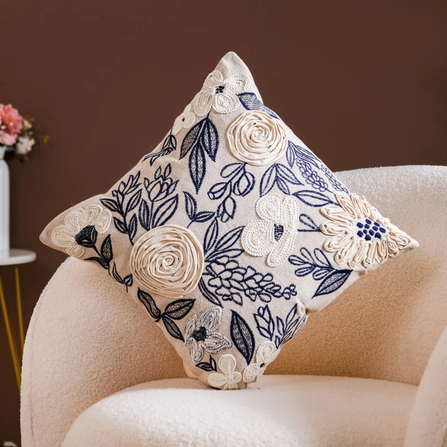 Ribbon Flower Embroidery Sofa Cushion Cover 16x16 Inch - Image 2
