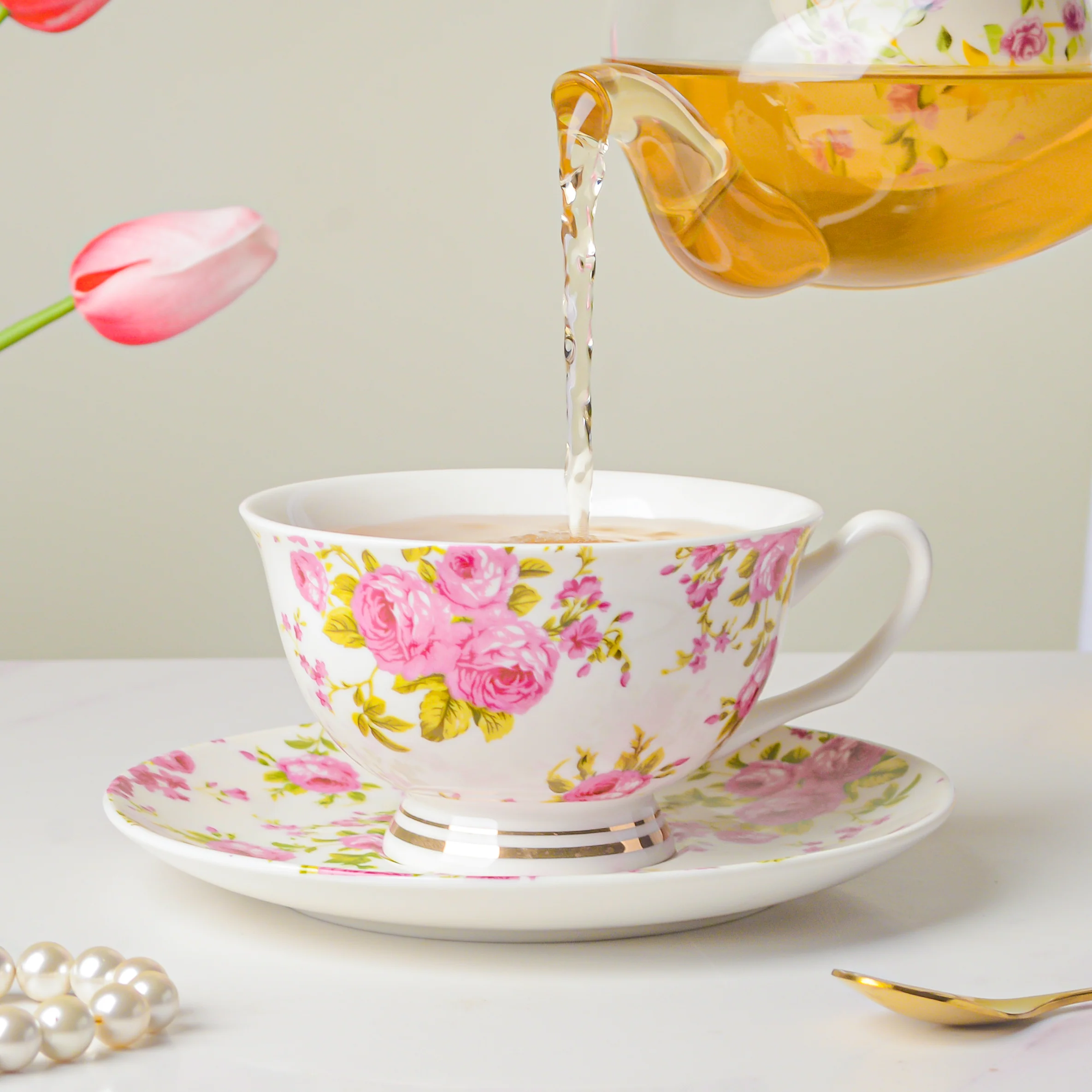 Pink Rose Ceramic Cup And Saucer Set 150 ml - Image 5