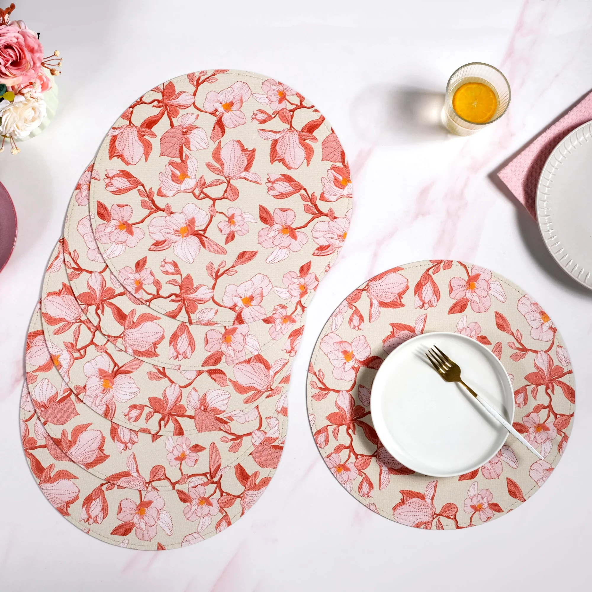 Round Red Poppy Printed Placemats Set Of 6