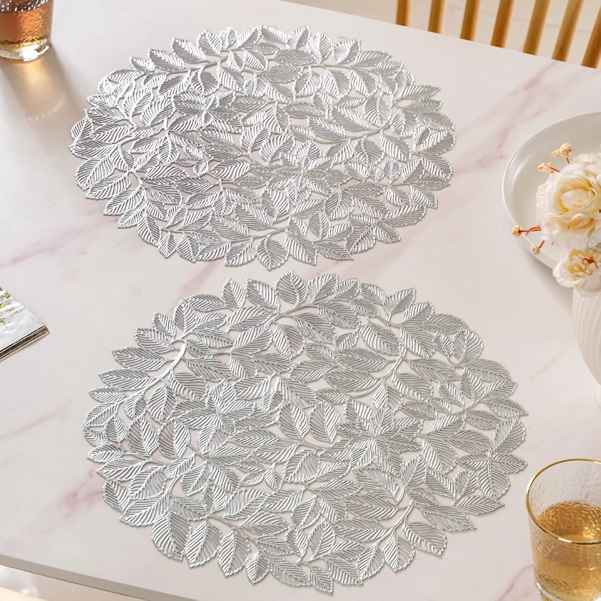 Round Silver Leaves Waterproof Placemat Set Of 6 - Image 3