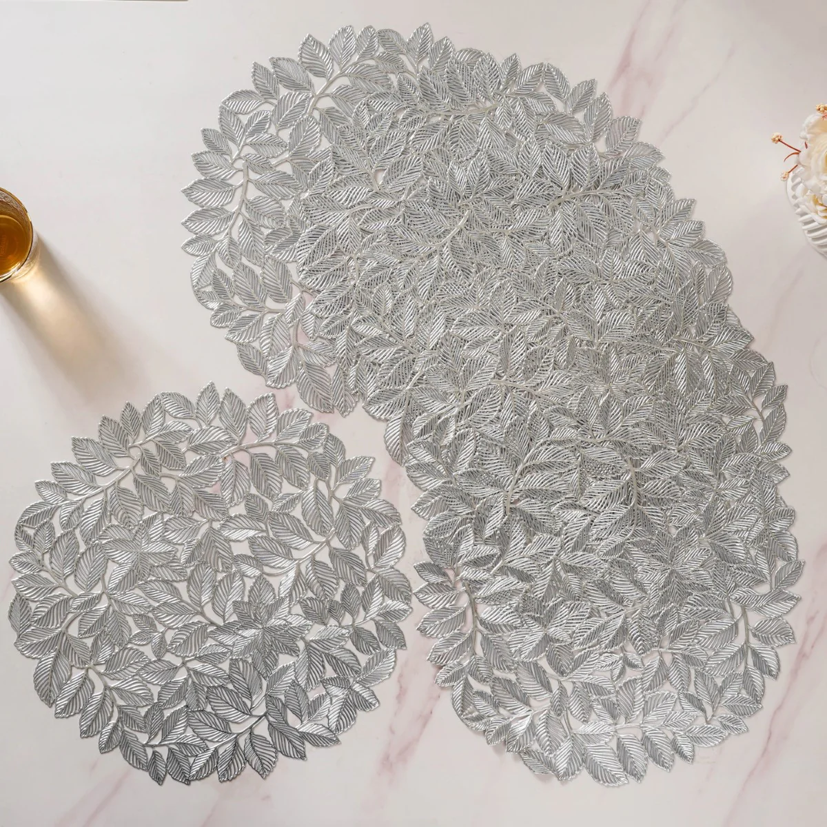 Round Silver Leaves Waterproof Placemat Set Of 6 - Image 7