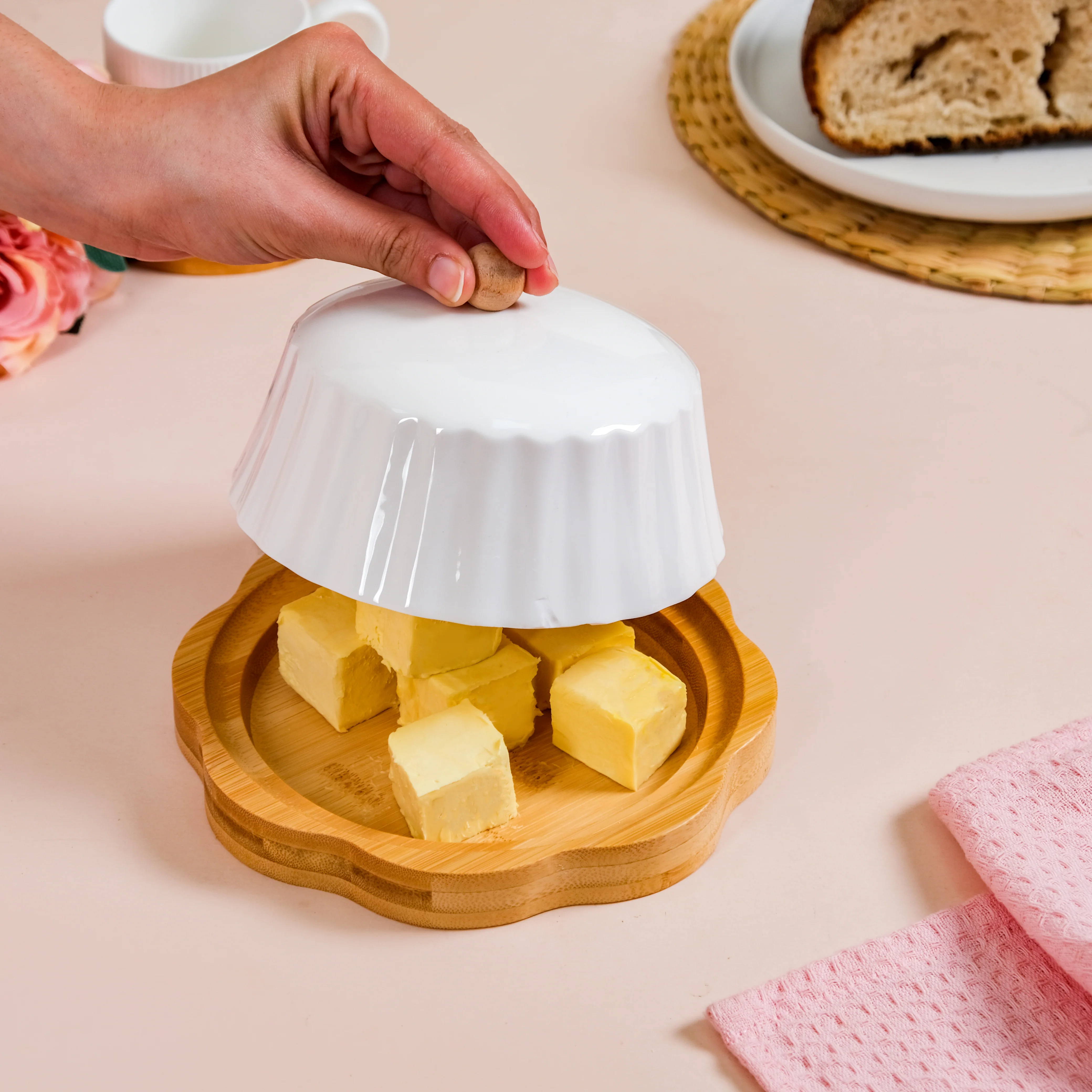 Round Wooden Dish With Fluted Texture Ceramic Lid - Image 2