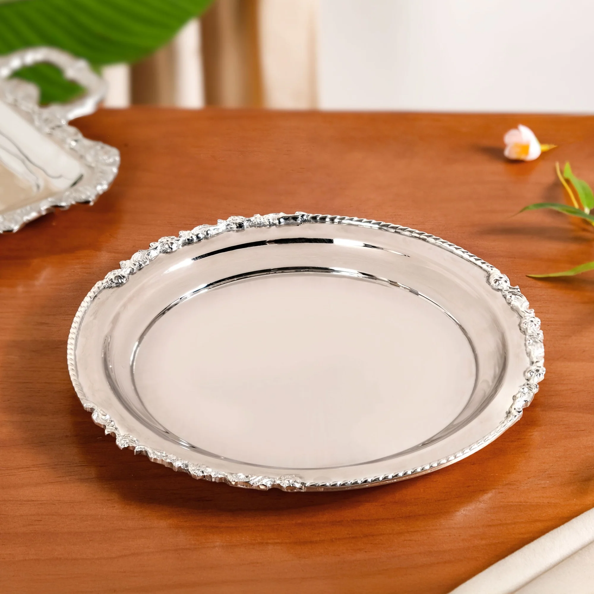 Royalcore Ornate Brass Rim Decorative Tray Silver