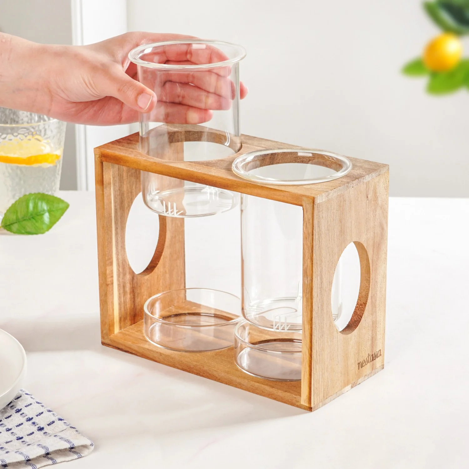 Rustic Wooden Cutlery Stand With Glass Holders - Image 2