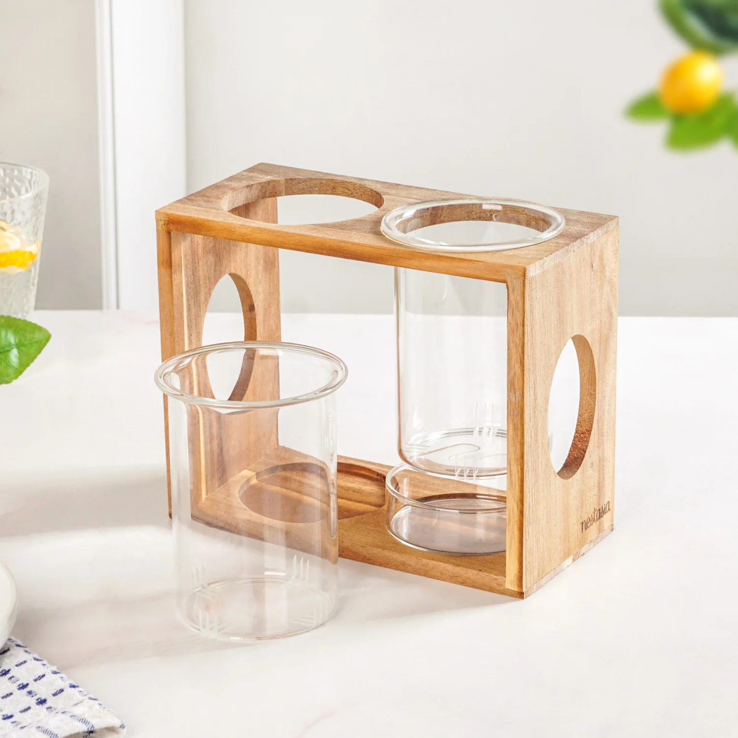 Rustic Wooden Cutlery Stand With Glass Holders - Image 3