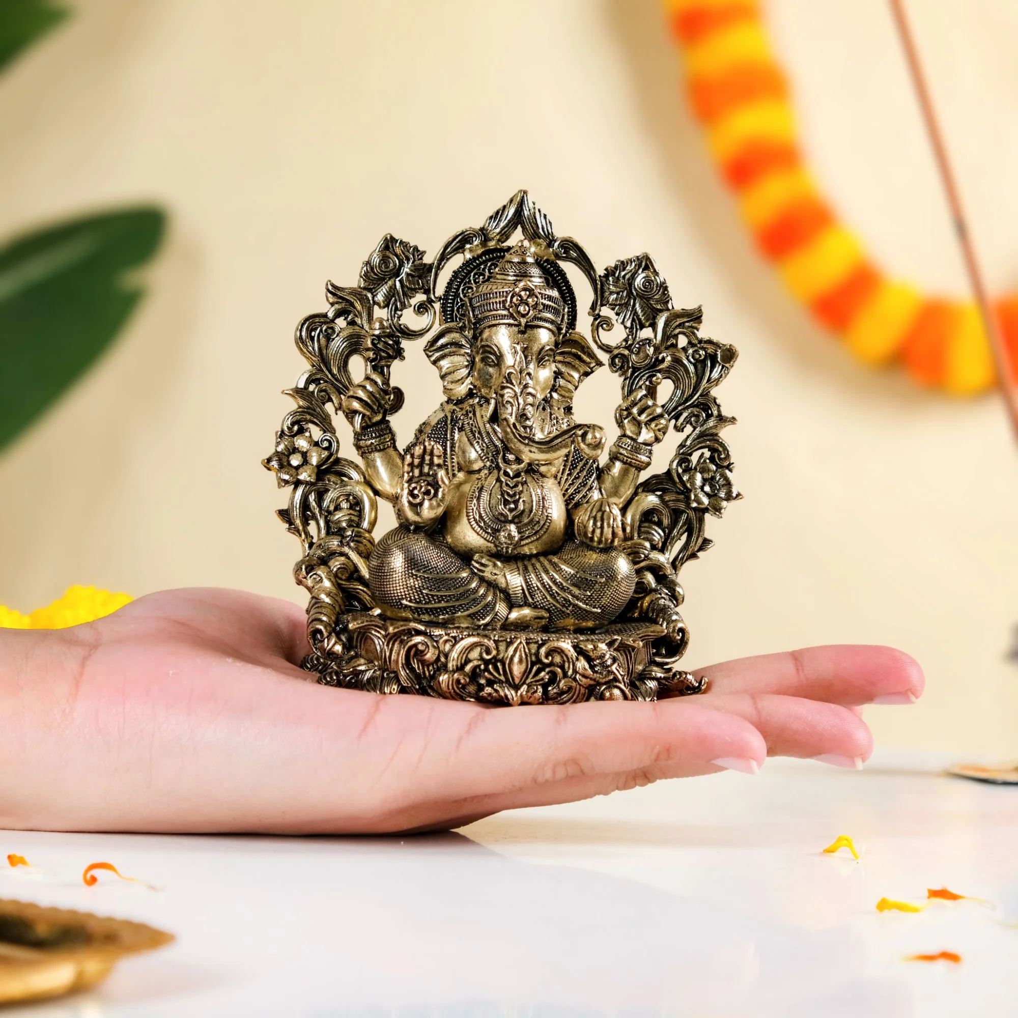 Sacred Chaturbhuj Ganesha Pure Brass Idol With Gift Box 10cm - Image 3