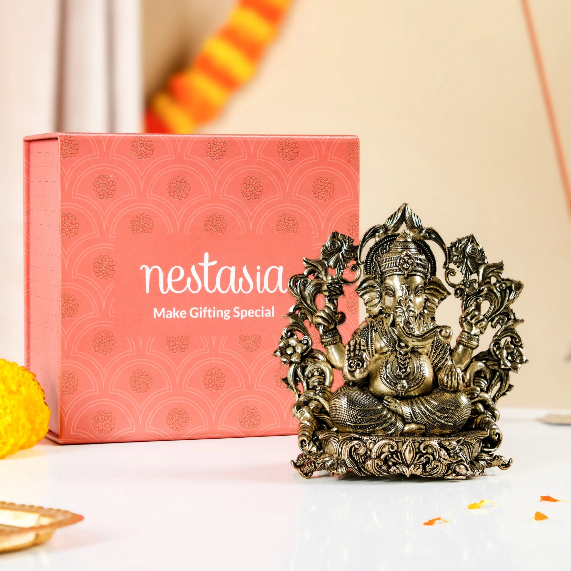 Sacred Chaturbhuj Ganesha Pure Brass Idol With Gift Box 10cm - Image 9