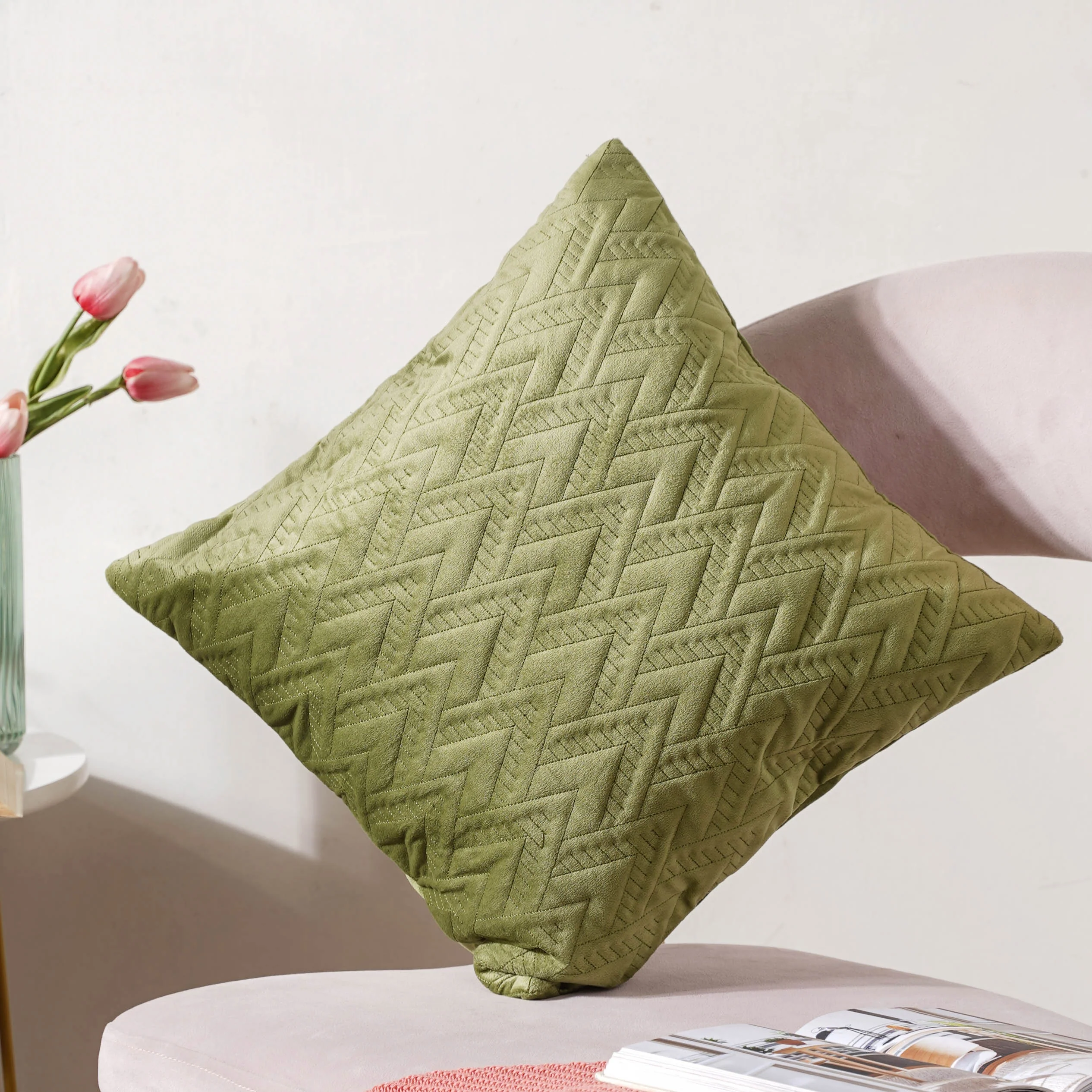 Sage Green Geometric Quilted Velvet Cushion Cover 16 Inch