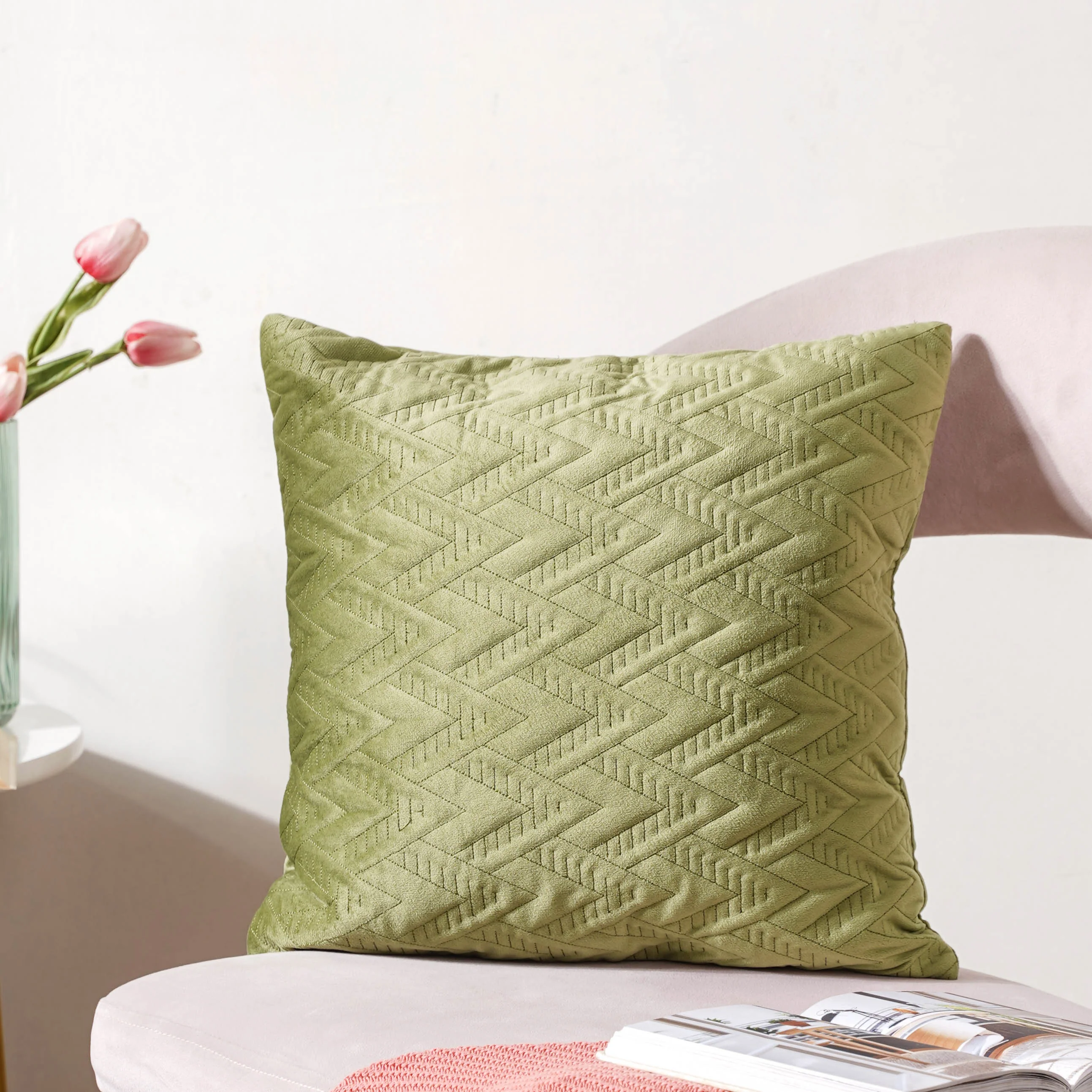 Sage Green Geometric Quilted Velvet Cushion Cover 16 Inch - Image 3