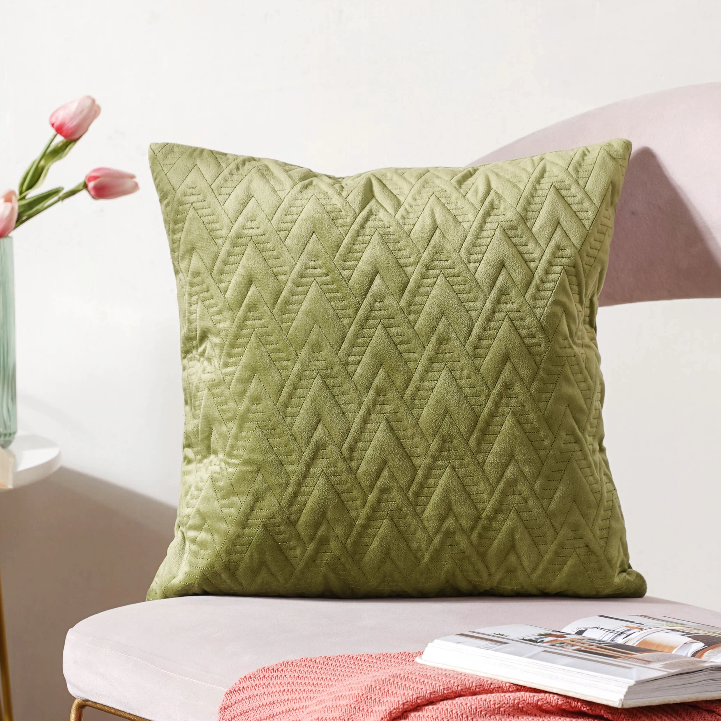 Sage Green Geometric Quilted Velvet Cushion Cover 16 Inch - Image 4