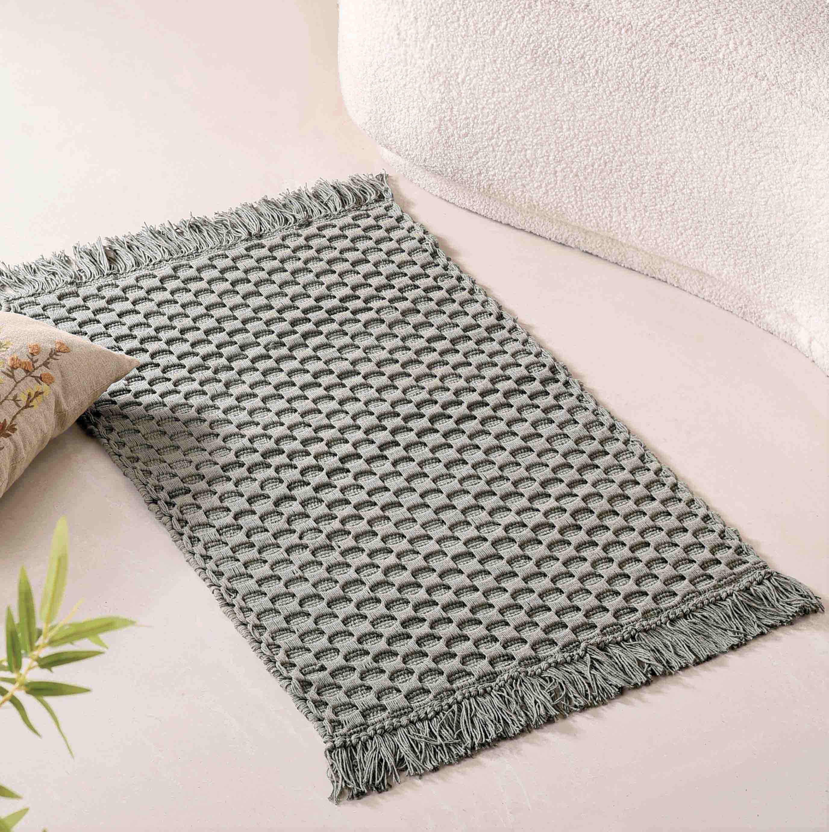 Sage Green Handcrafted Waffle Weave Cotton Floor Mat 37x20 Inch - Image 2