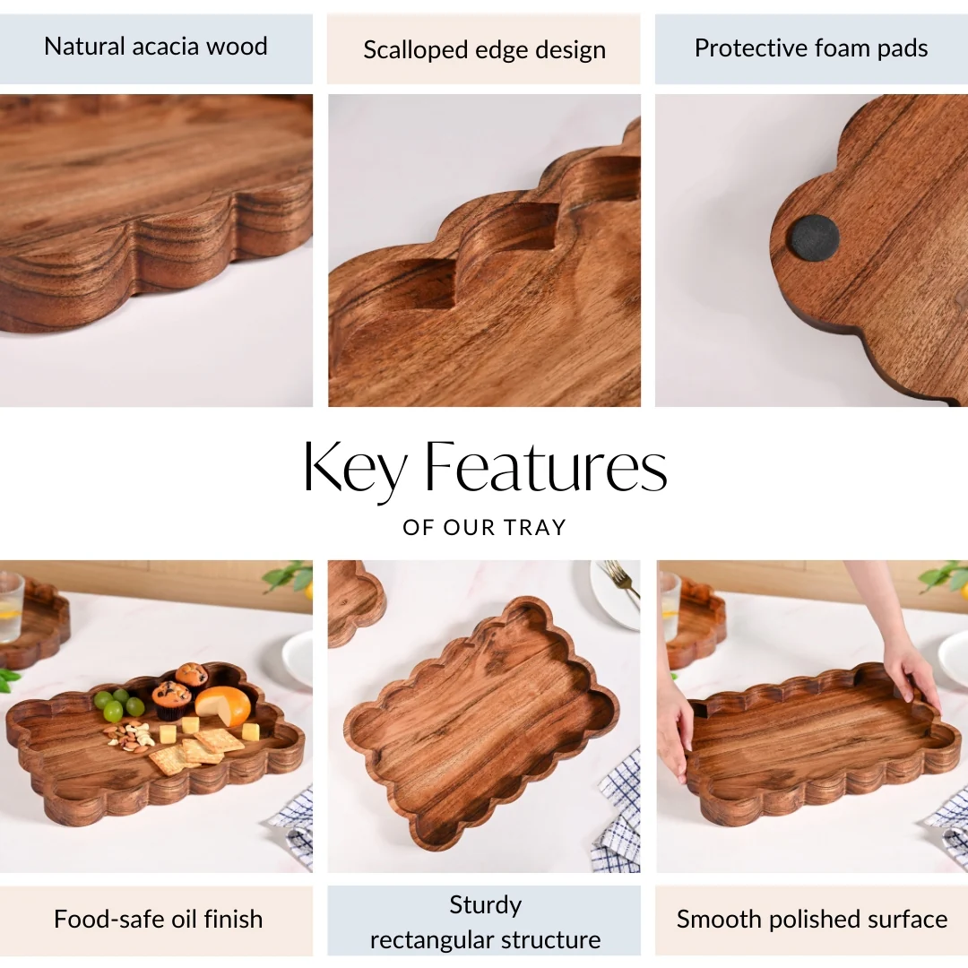Scallop Acacia Wood Rectangle Serving Platter 38x26cm - Image 5