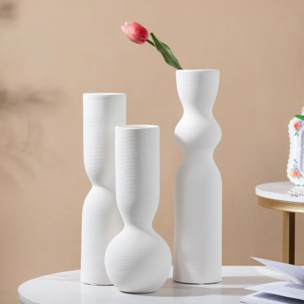 Scandinavian Striped Ceramic Vase White - Image 7