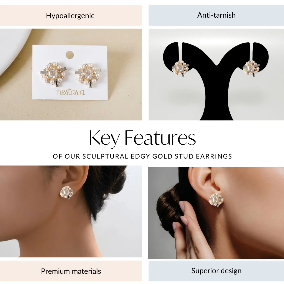 Sculptural Edgy Gold Stud Earrings - Image 4