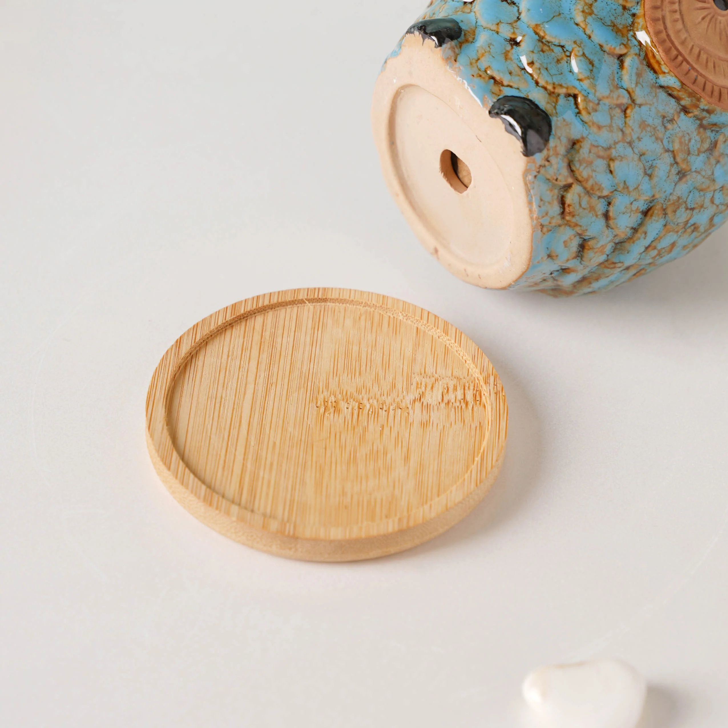 Seacrest Owl Blue Ceramic Planter With Wooden Coaster - Image 8