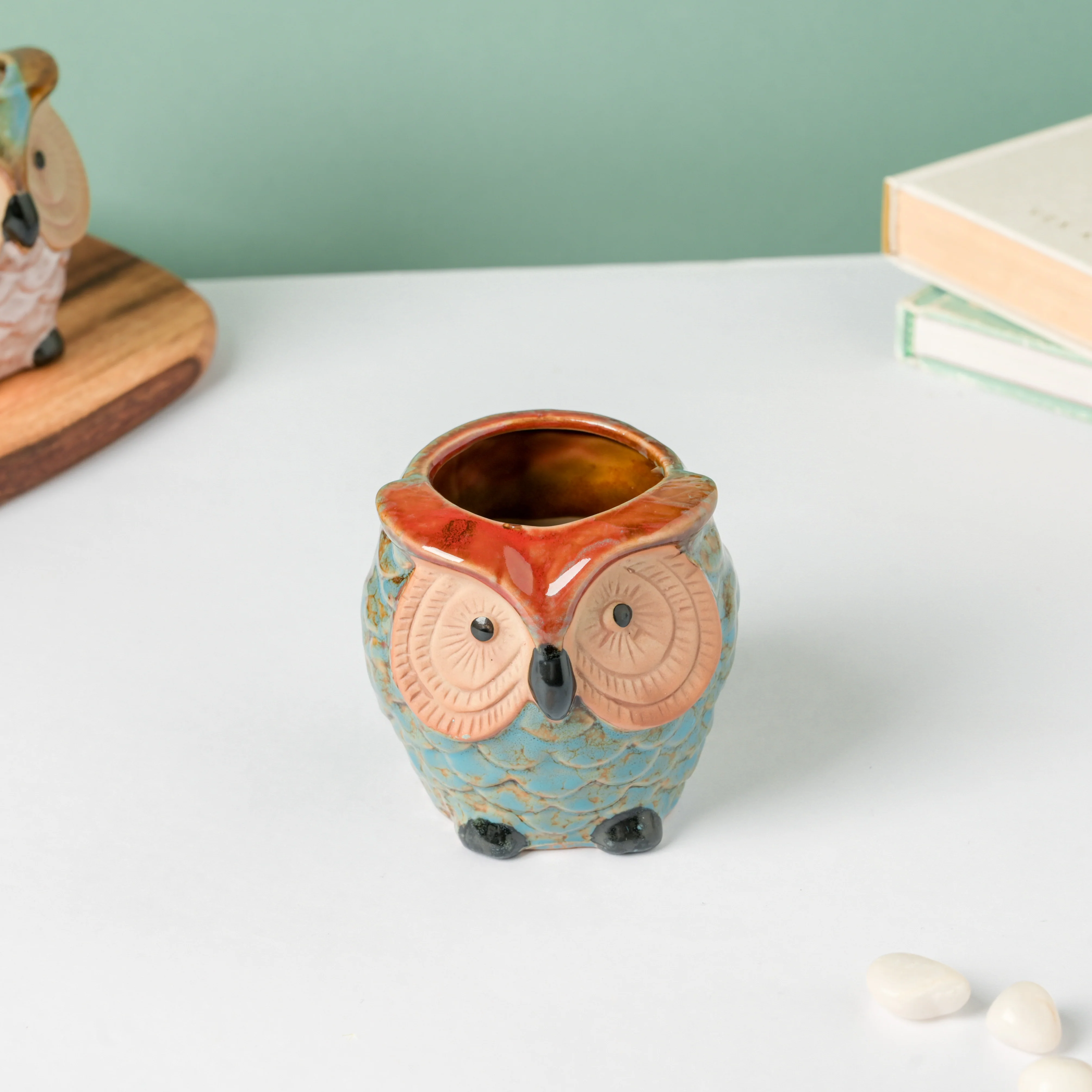Seacrest Owl Blue Ceramic Planter With Wooden Coaster - Image 9