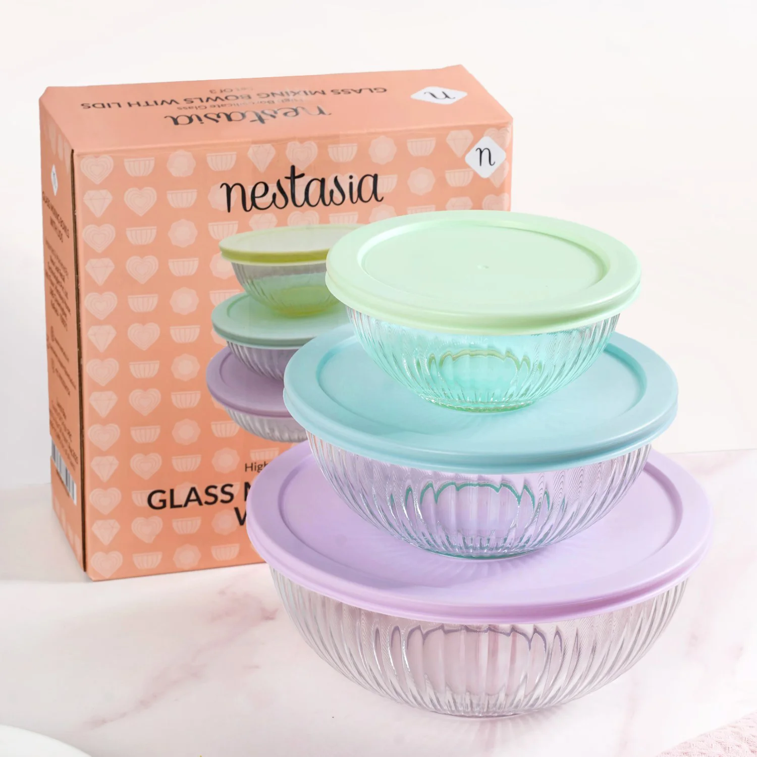 Sealpro Fluted Glass Mixing Bowls With Lids Set Of 3 S 500ml M 1000ml L 2000ml - Image 2