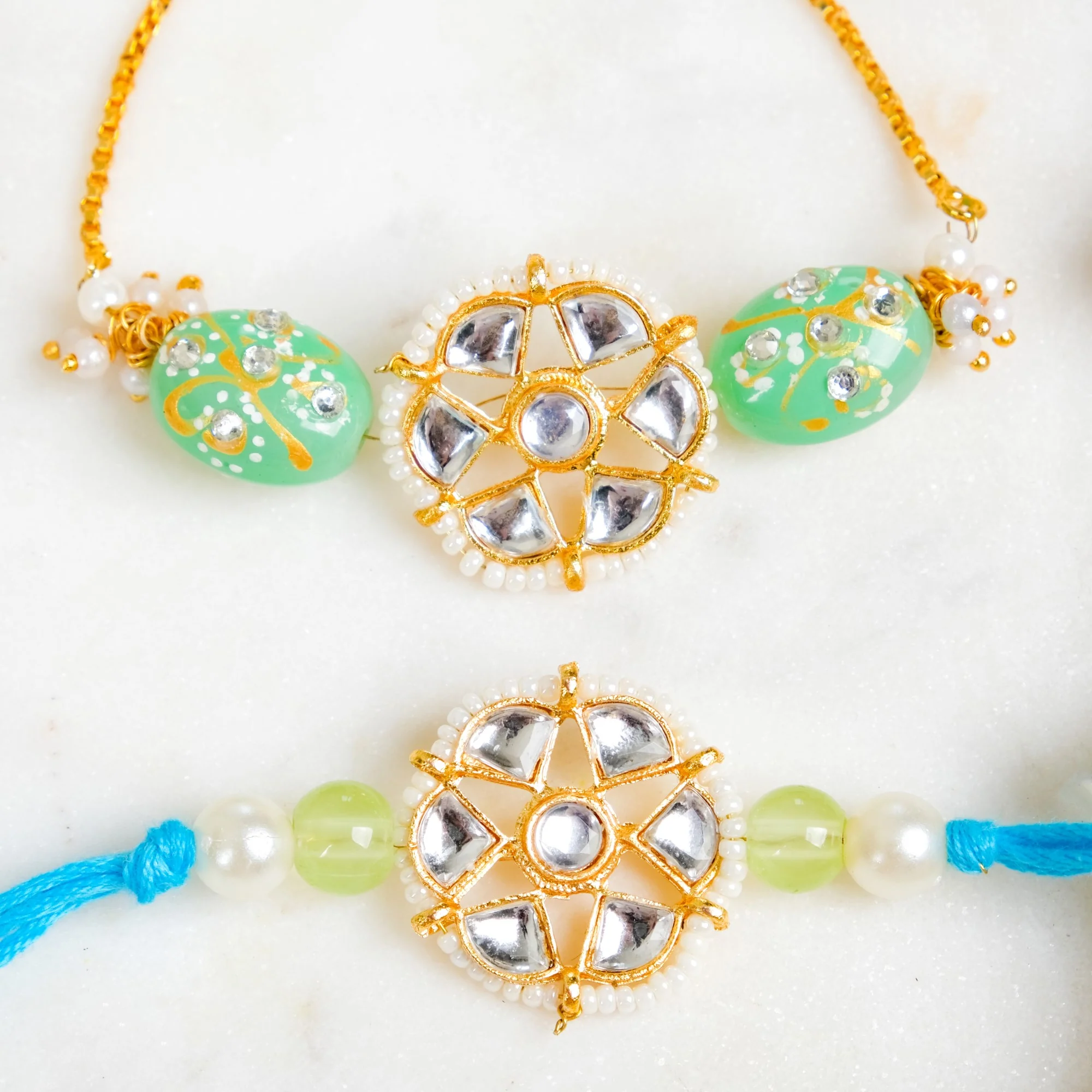 Serene Kundan Blue Rakhi Bracelet Gift Set
