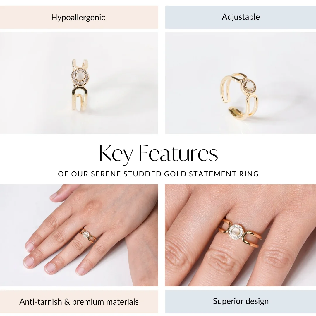 Serene Studded Gold Statement Ring - Image 4