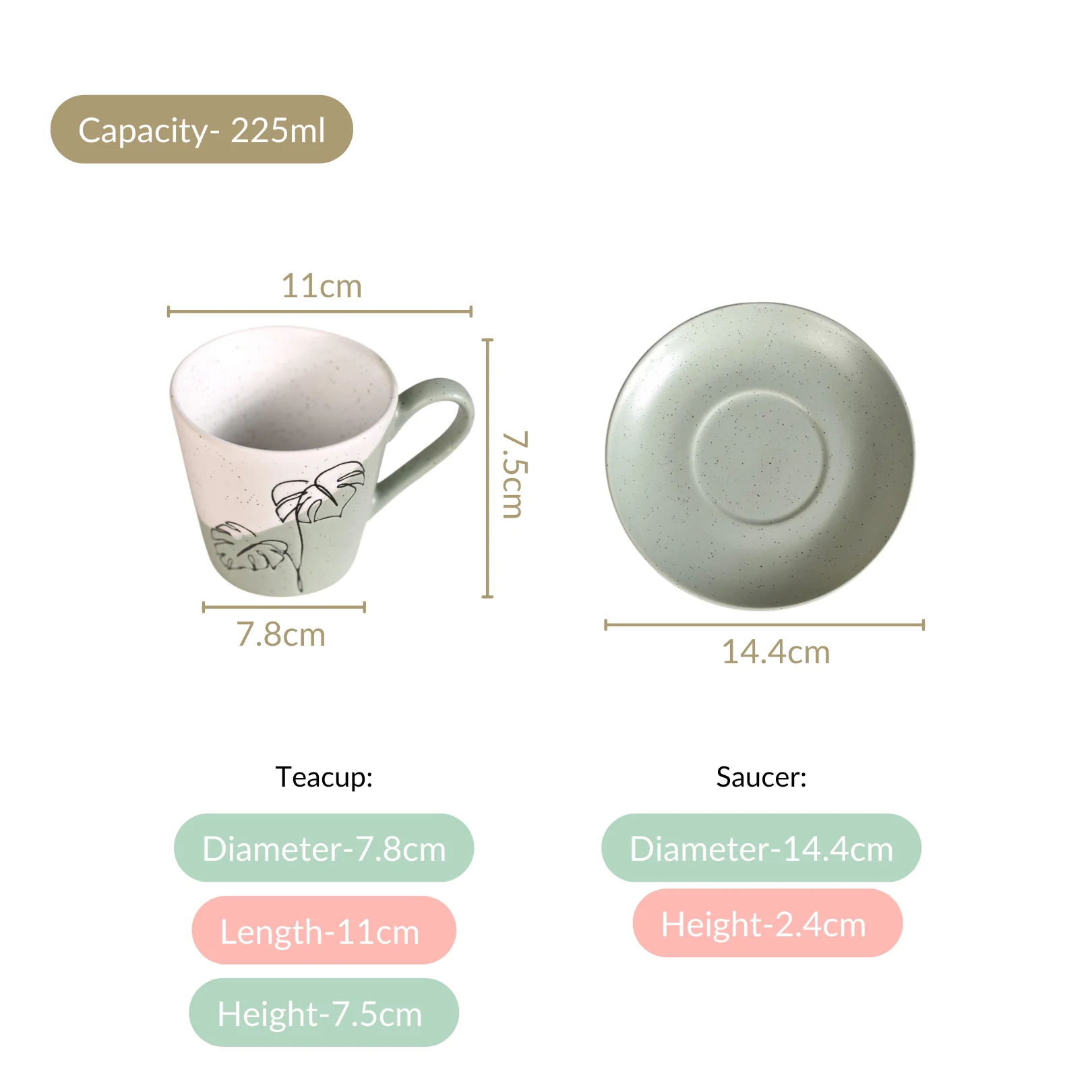Serene Tropics Ceramic Tea Cup Saucer Set Of 4 Sage 225ml - Image 4
