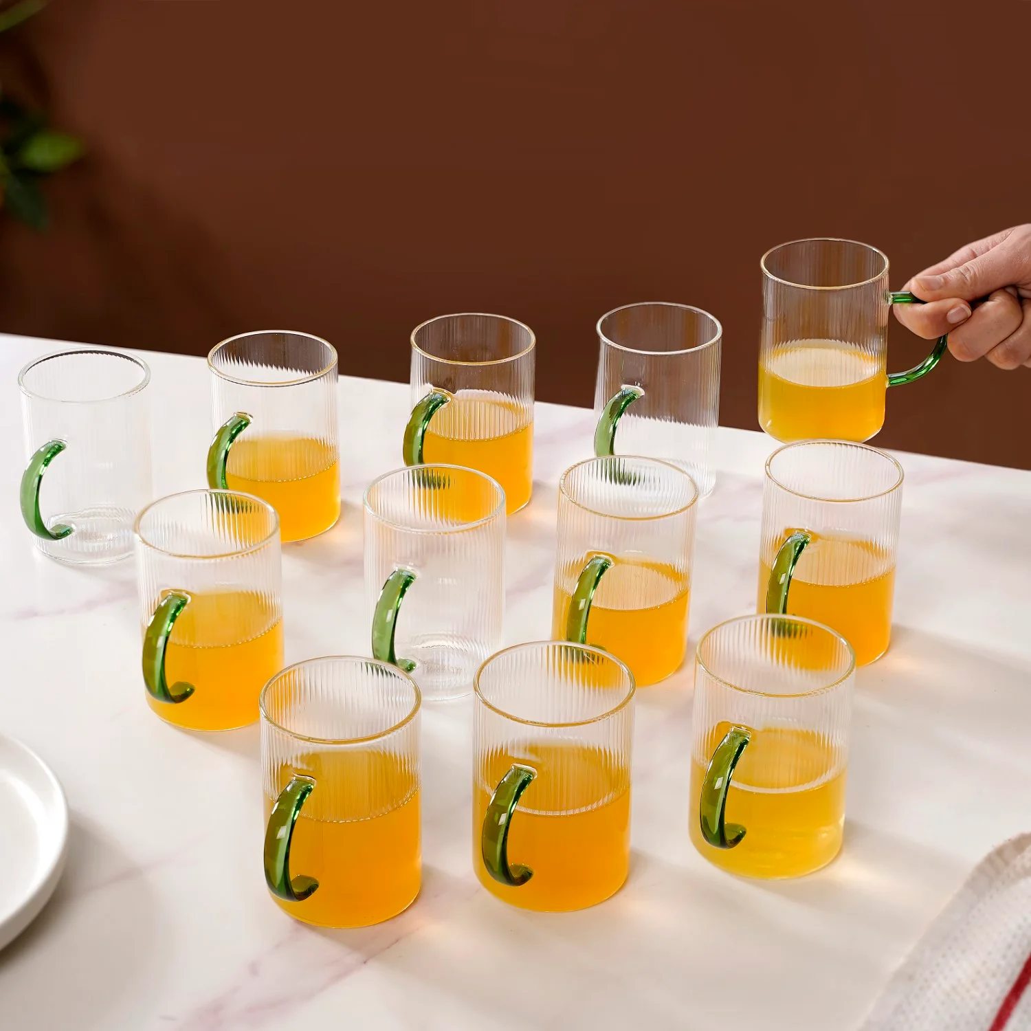 Set Of 12 Glass Tea Cups With Green Handle 200ml - Image 2