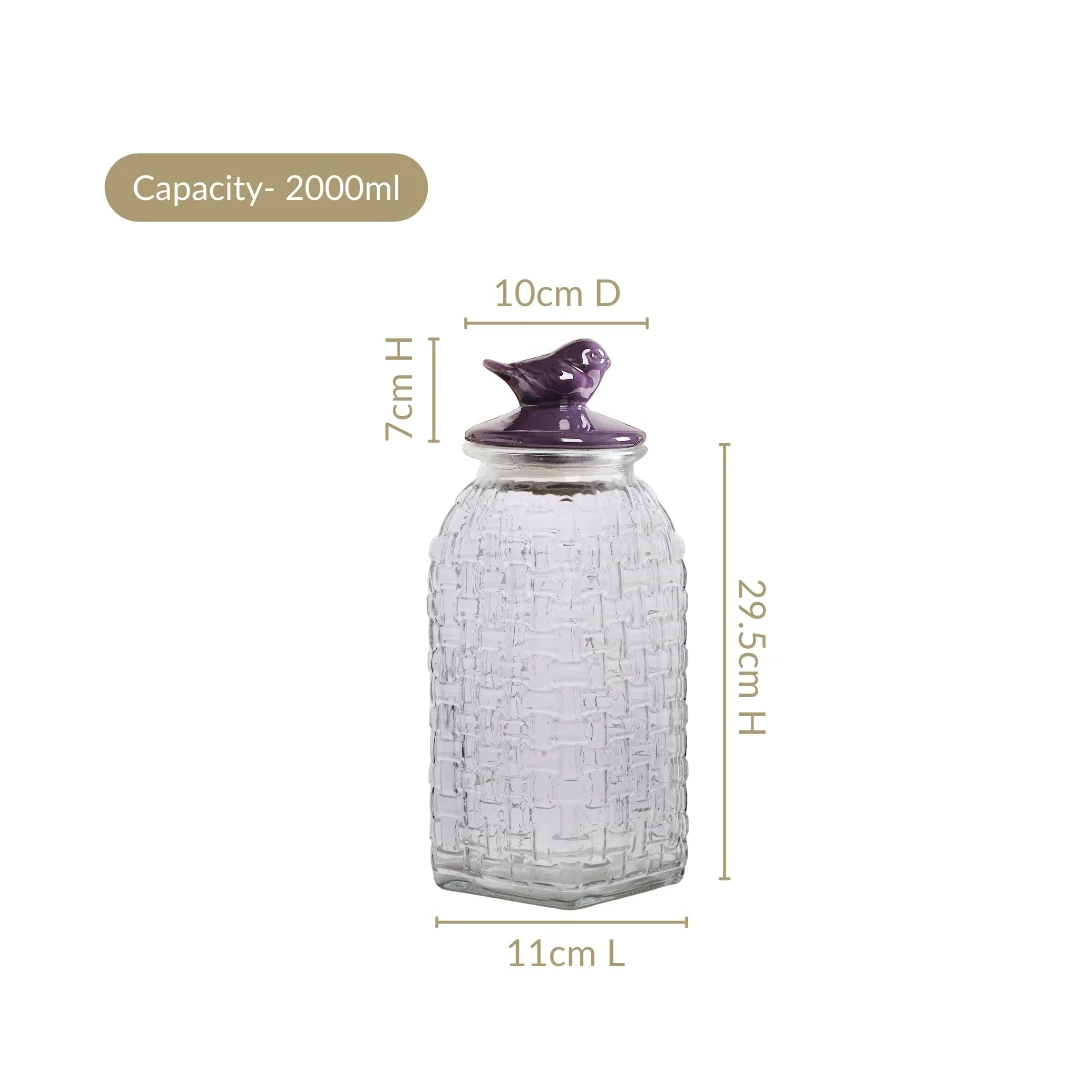 Set Of 2 Basket Weave Glass Jar With Purple Bird Lid 2000ml - Image 3
