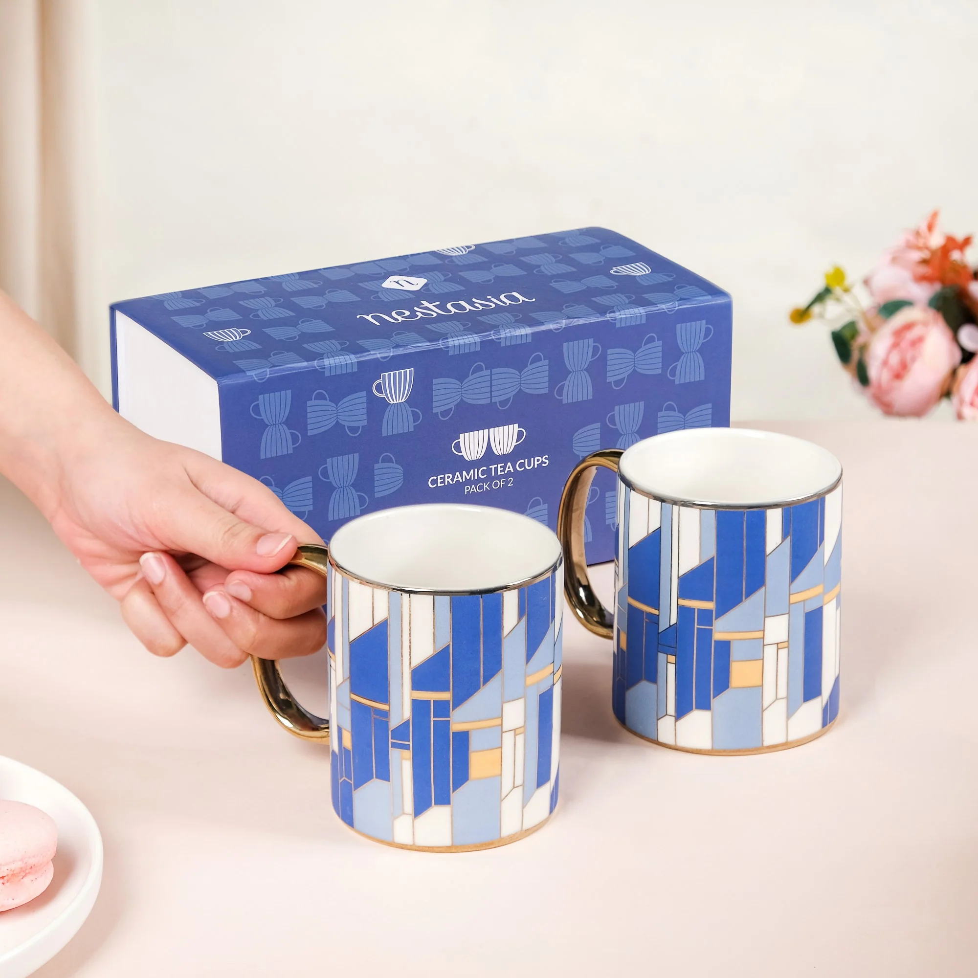 Set Of 2 Blue Gold Tea Cups With Gift Box 350ml - Image 3