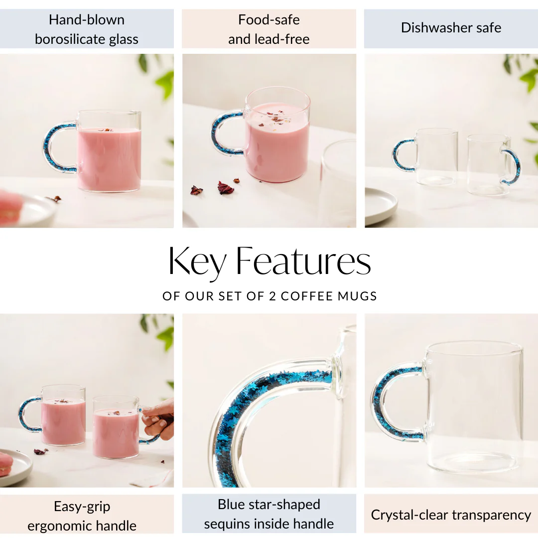 Set Of 2 Blue Sparkle Filled Handle Glass Coffee Cups 425ml - Image 5