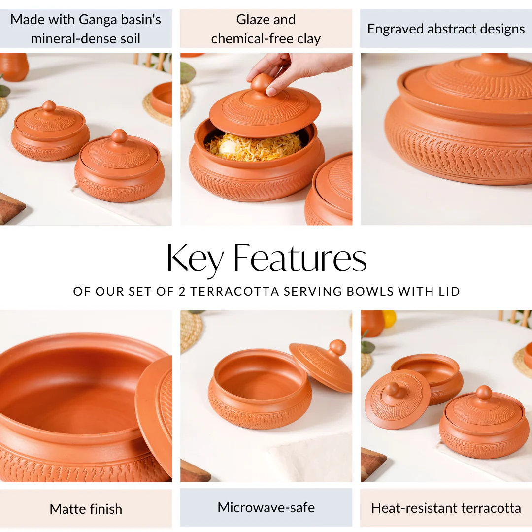 Set Of 2 Engraved Terracotta Serving Bowls With Lid 1400ml - Image 6