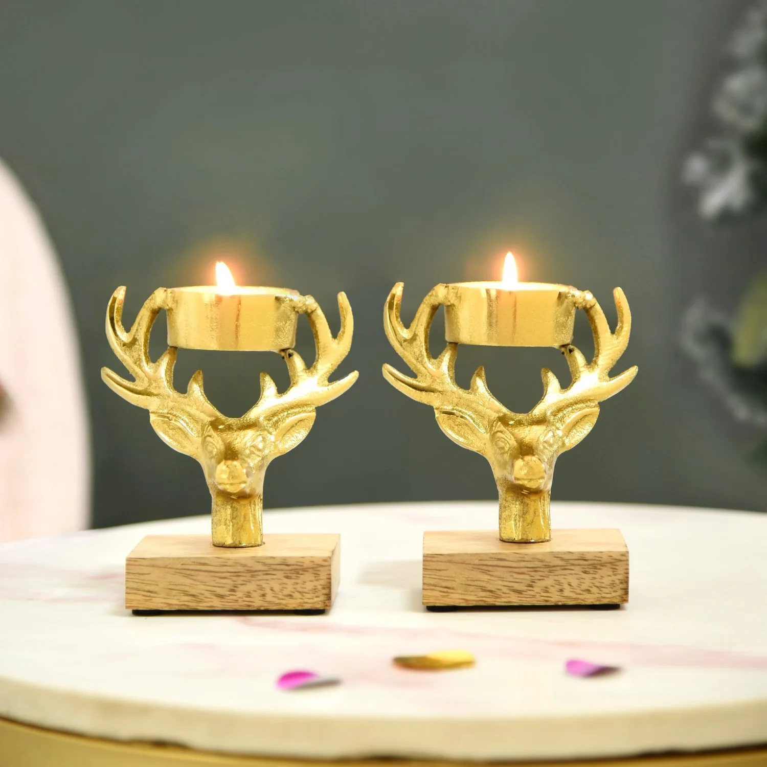 Set Of 2 Gold Stag Tea Light Candle Holder - Image 2