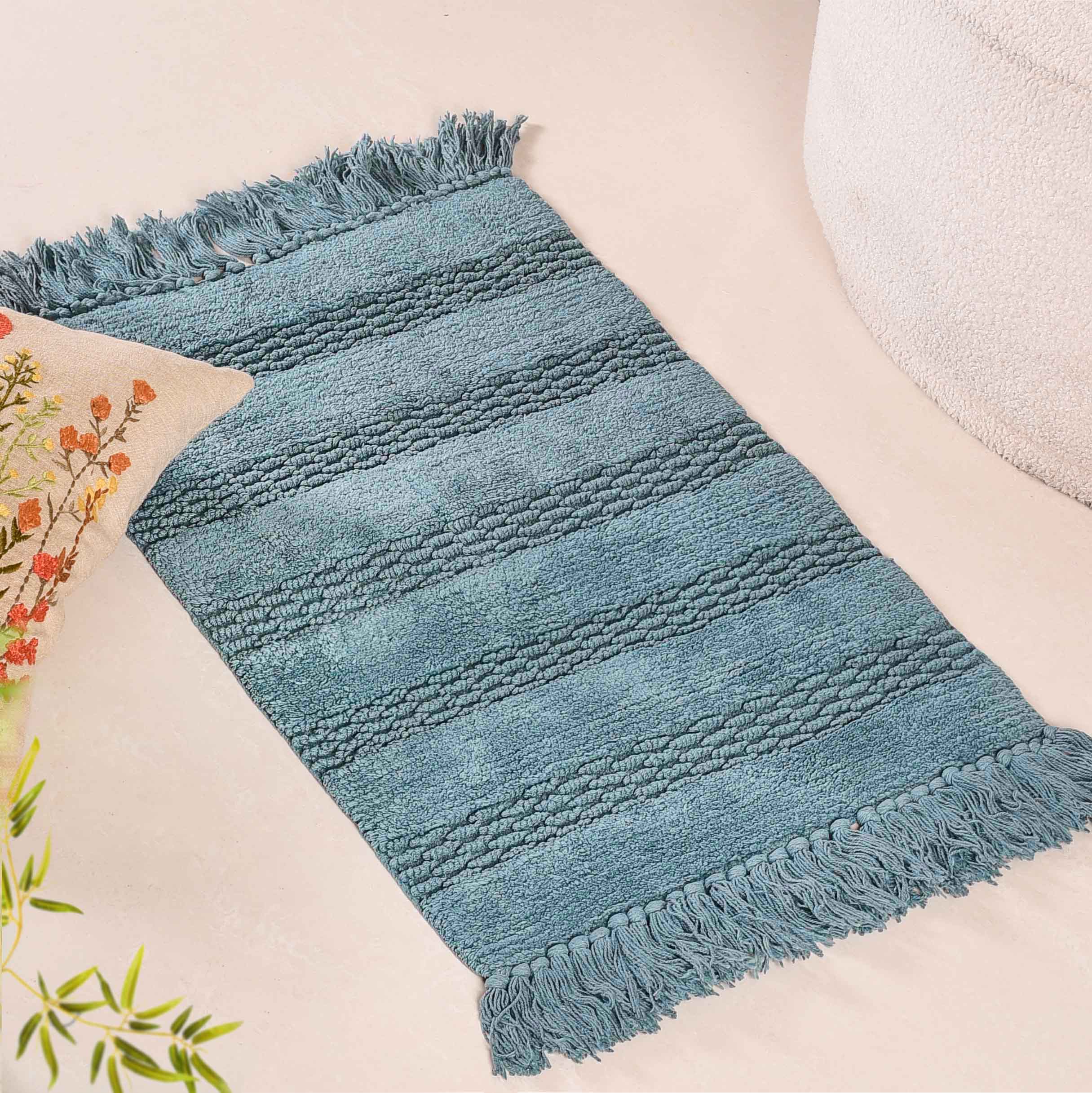 Set Of 2 Handwoven Ribbed Twill Plush Cotton Door Mats Blue 31x17 Inch - Image 9