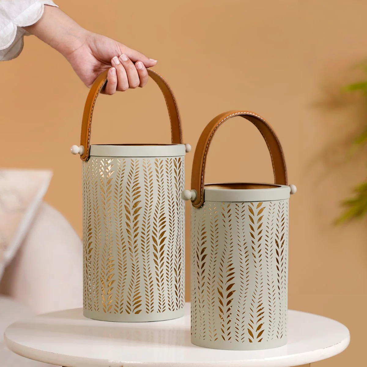 Set Of 2 Lanterns With Leaf Trail Cutwork Sage Green - Image 3