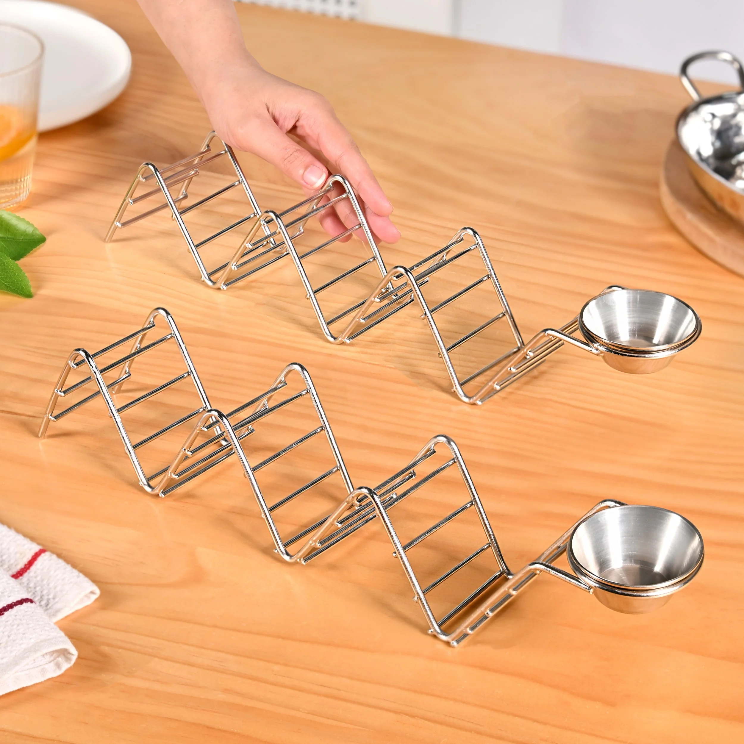 Set Of 2 Zig-Zag Stainless Steel Taco Holder With Dip Bowls - Image 3