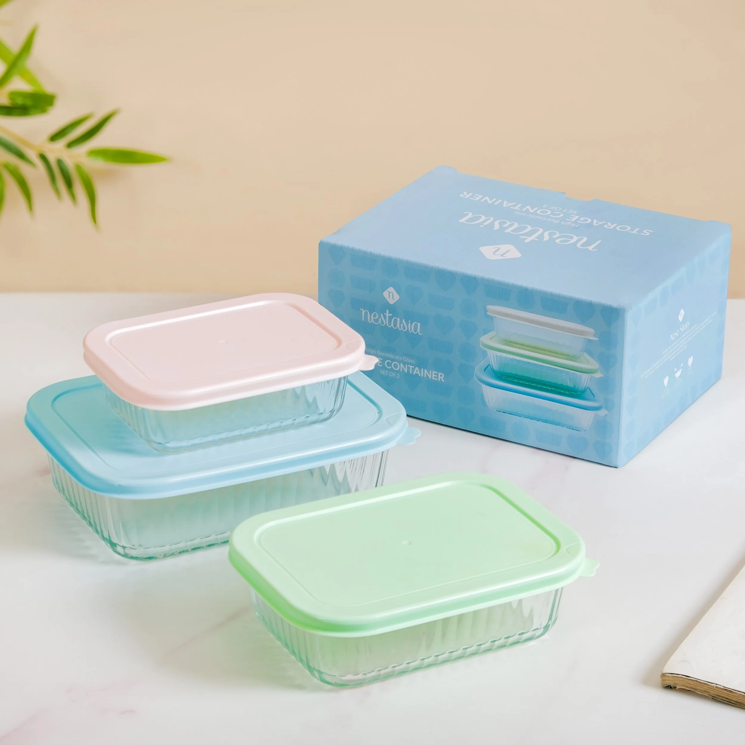 Set Of 3 Ribbed Glass Food Container With Lid S 370ml M 600ml L 1000ml - Image 2