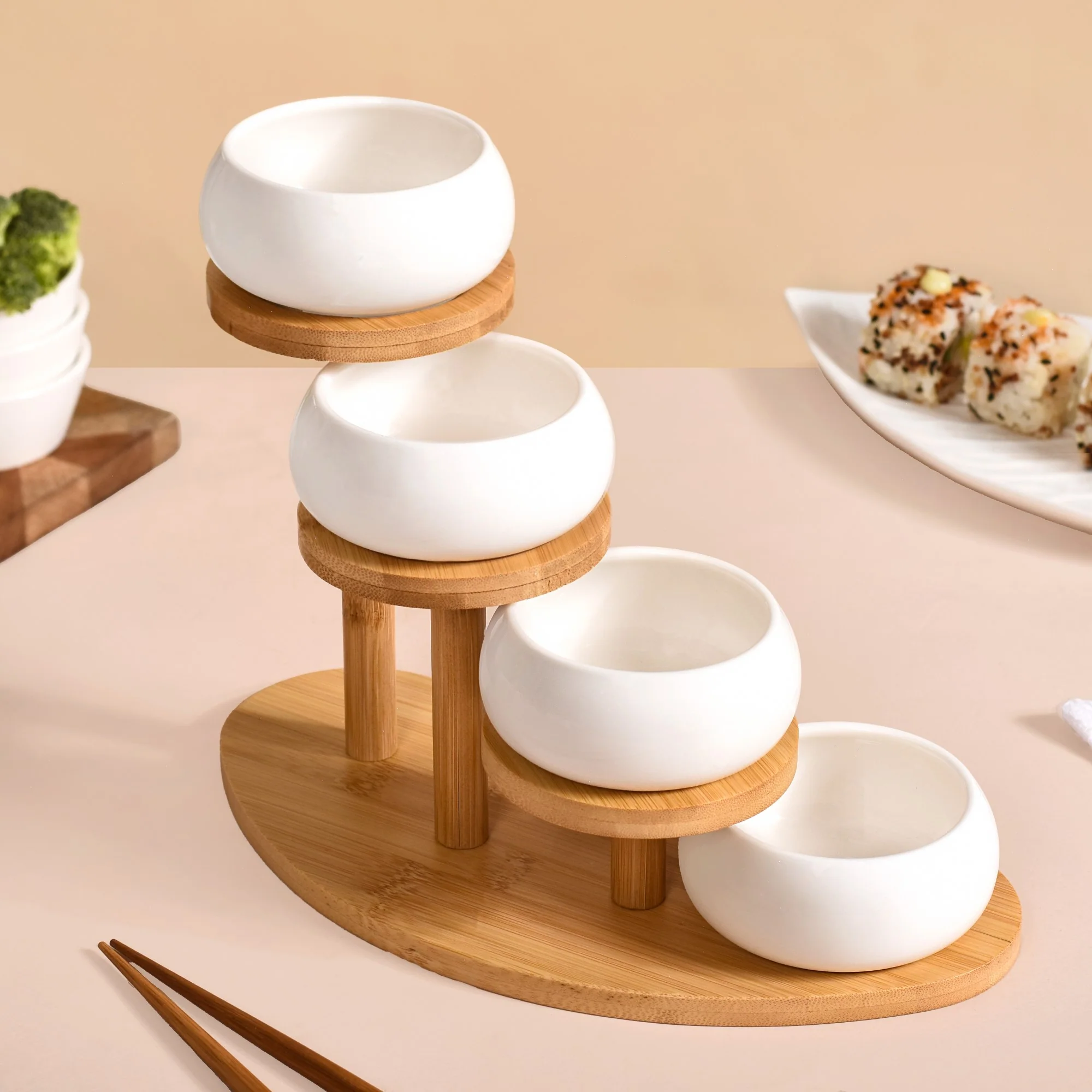 Set Of 4 Ceramic Bowls With Staircase Wooden Stand - Image 2