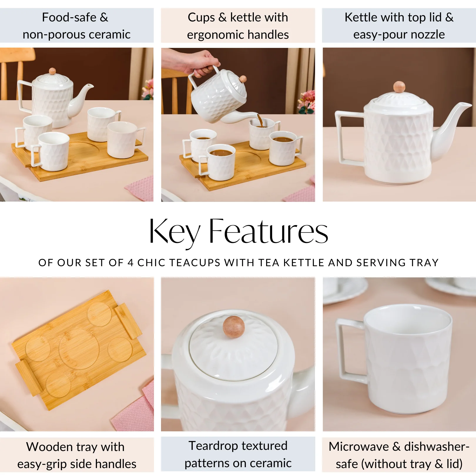 Set Of 4 Chic Teacups With Tea Kettle And Serving Tray - Image 5