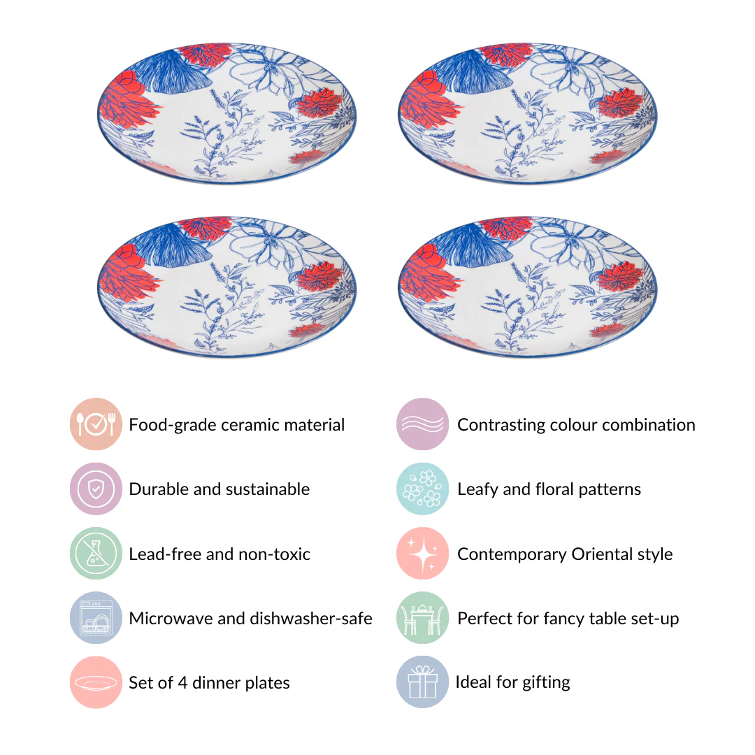 Set Of 4 Floral Ceramic Dinner Plates 10 Inch - Image 4