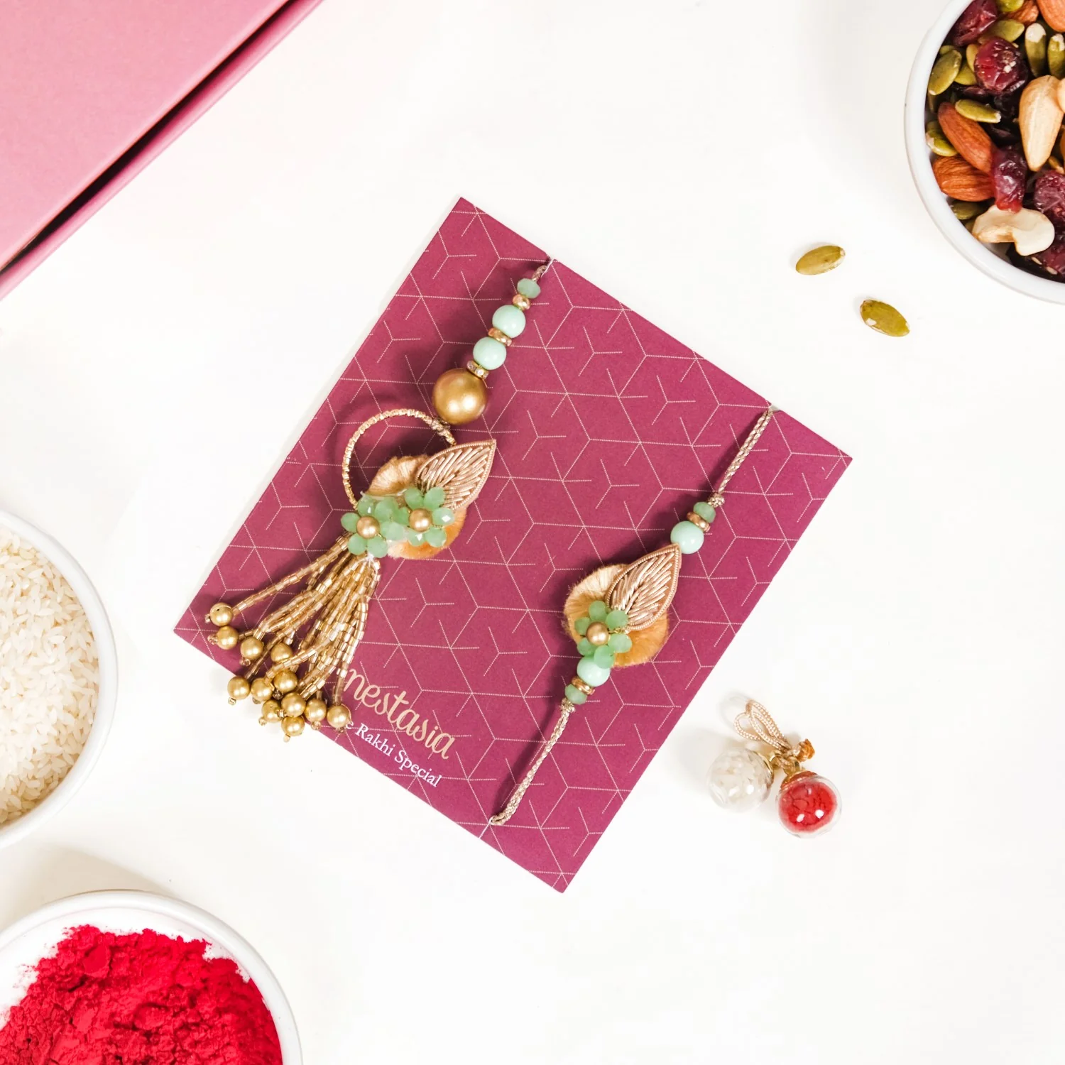 Set Of 4 Floral Love Rakhi Lumba For Bhaiya Bhabhi With Box And Card - Image 2
