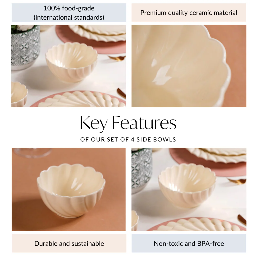 Set of 4 Scallop Vanilla White Ceramic Bowls 300ml - Image 4