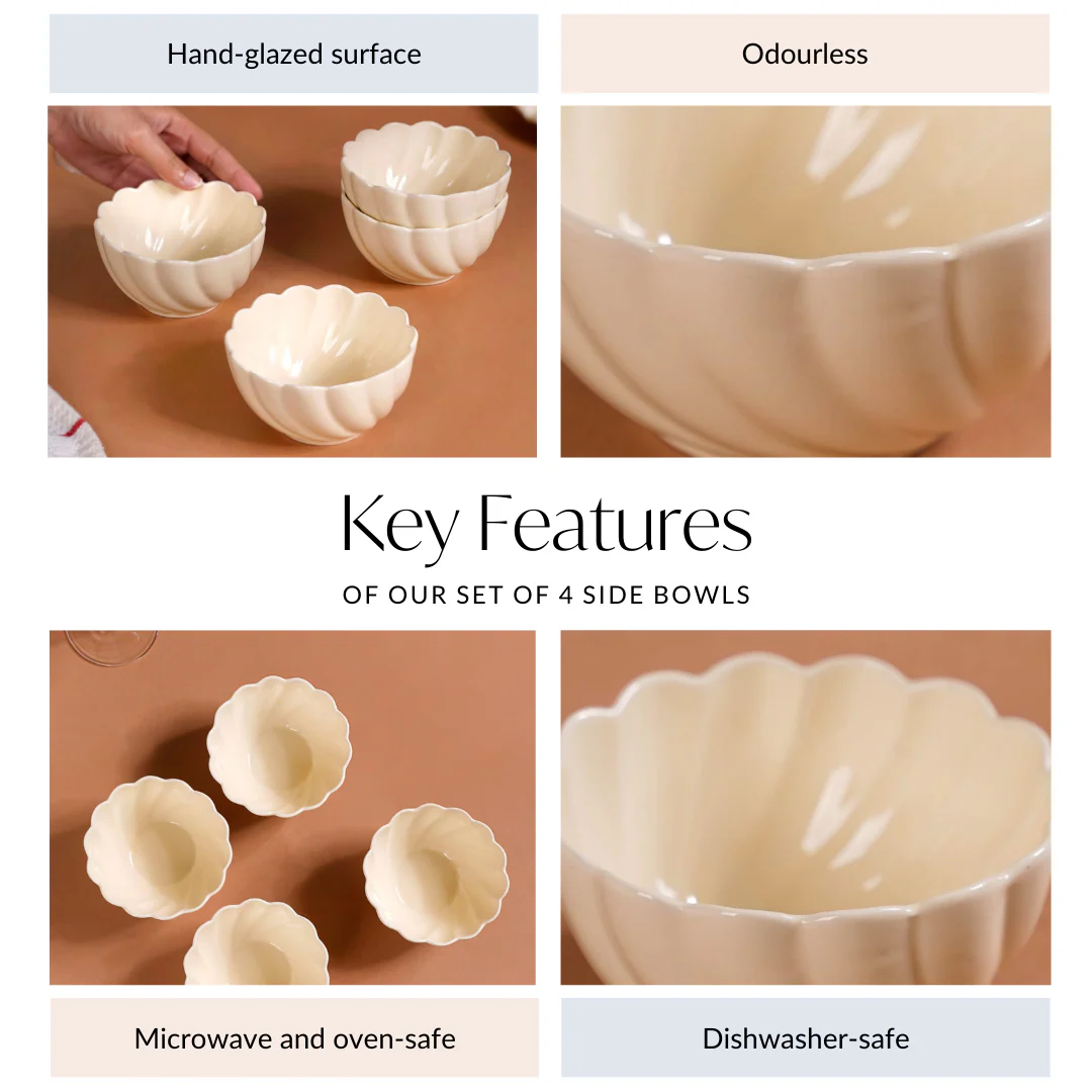 Set of 4 Scallop Vanilla White Ceramic Bowls 300ml - Image 5