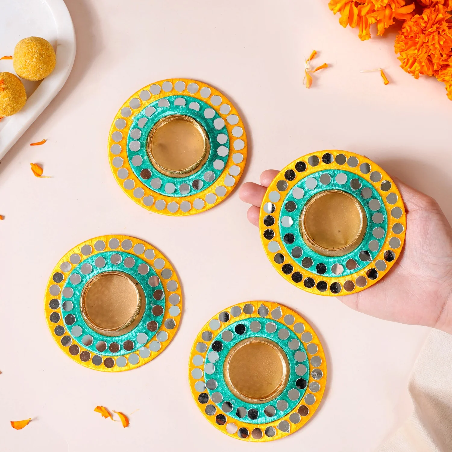 Set Of 4 Tea Light Holders With Mirrorwork - Image 3