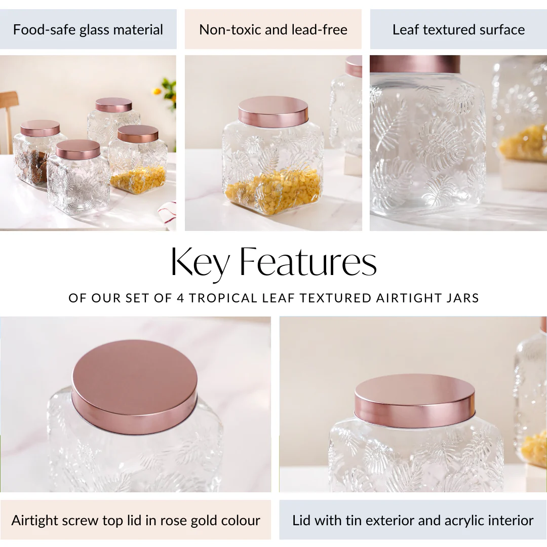 Set Of 4 Tropical Leaf Glass Airtight Jars With Lid 2 L - Image 5