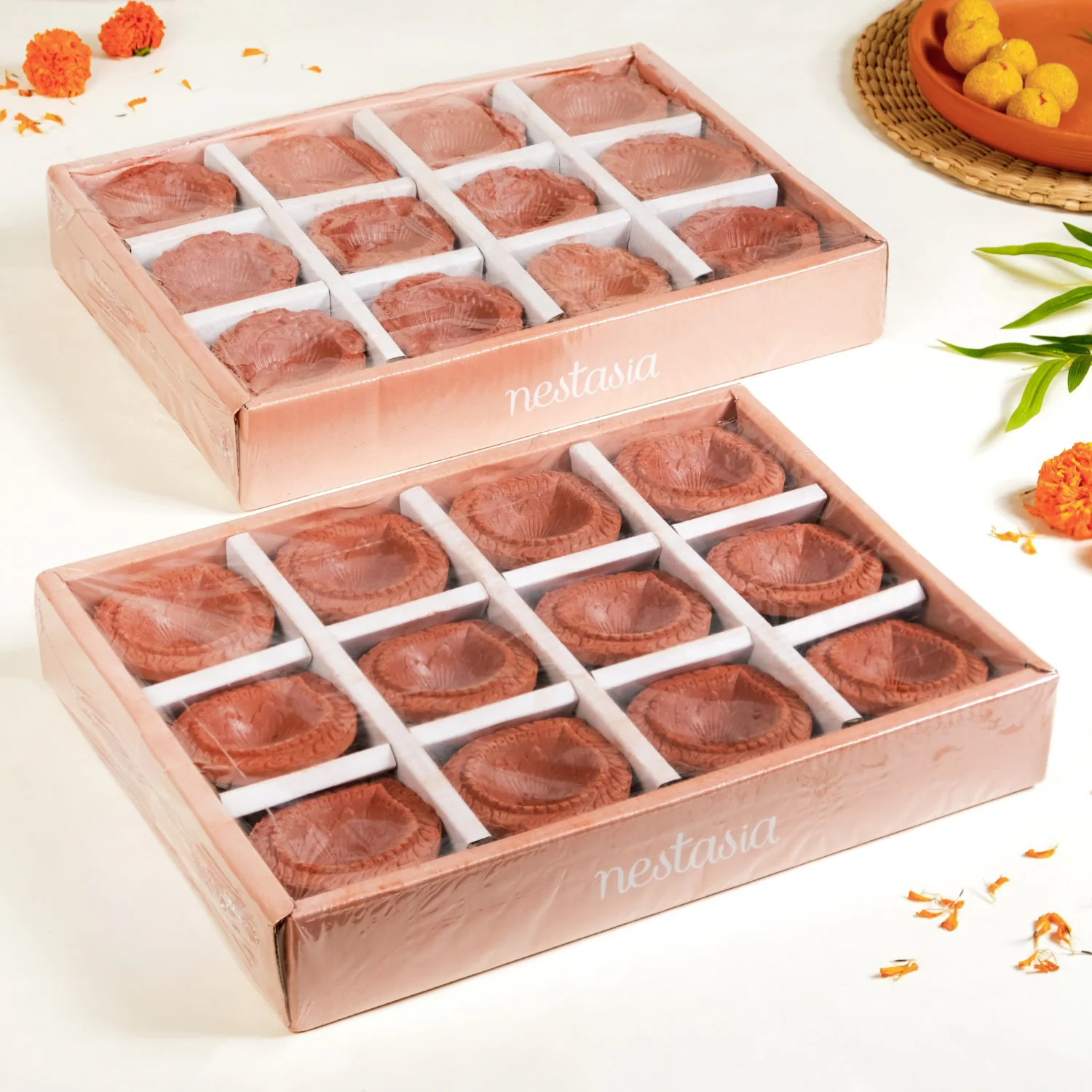 Set Of 48 Flower Motif Carved Earthen Clay Diyas - Image 6