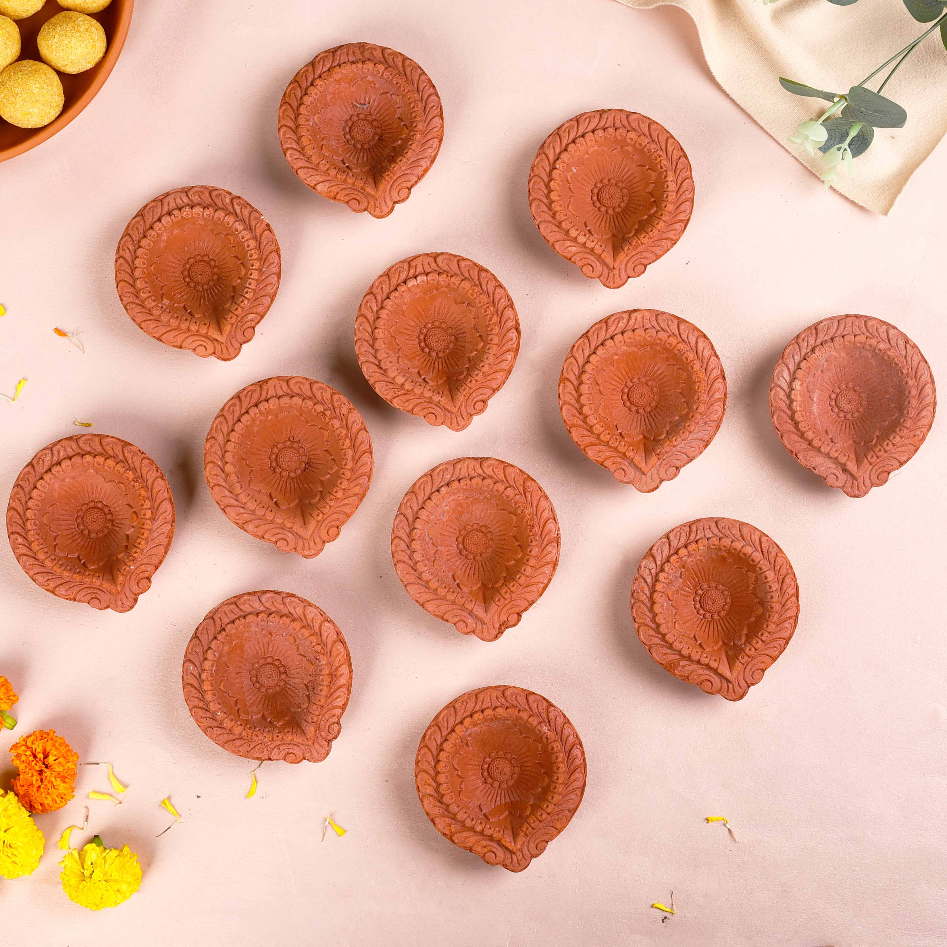 Set Of 48 Flower Motif Carved Earthen Clay Diyas - Image 7