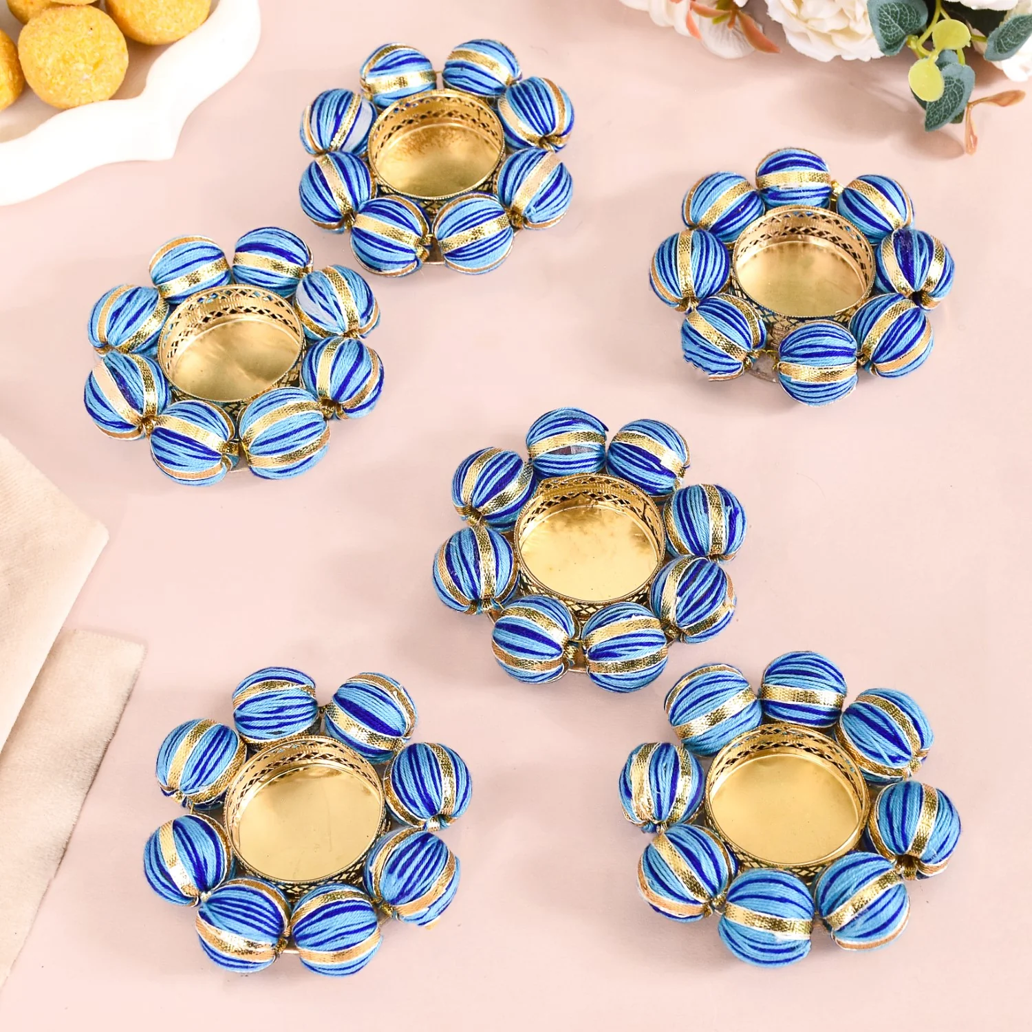 Set Of 6 Blue Beaded Metal Tea Light Candle Holders - Image 2