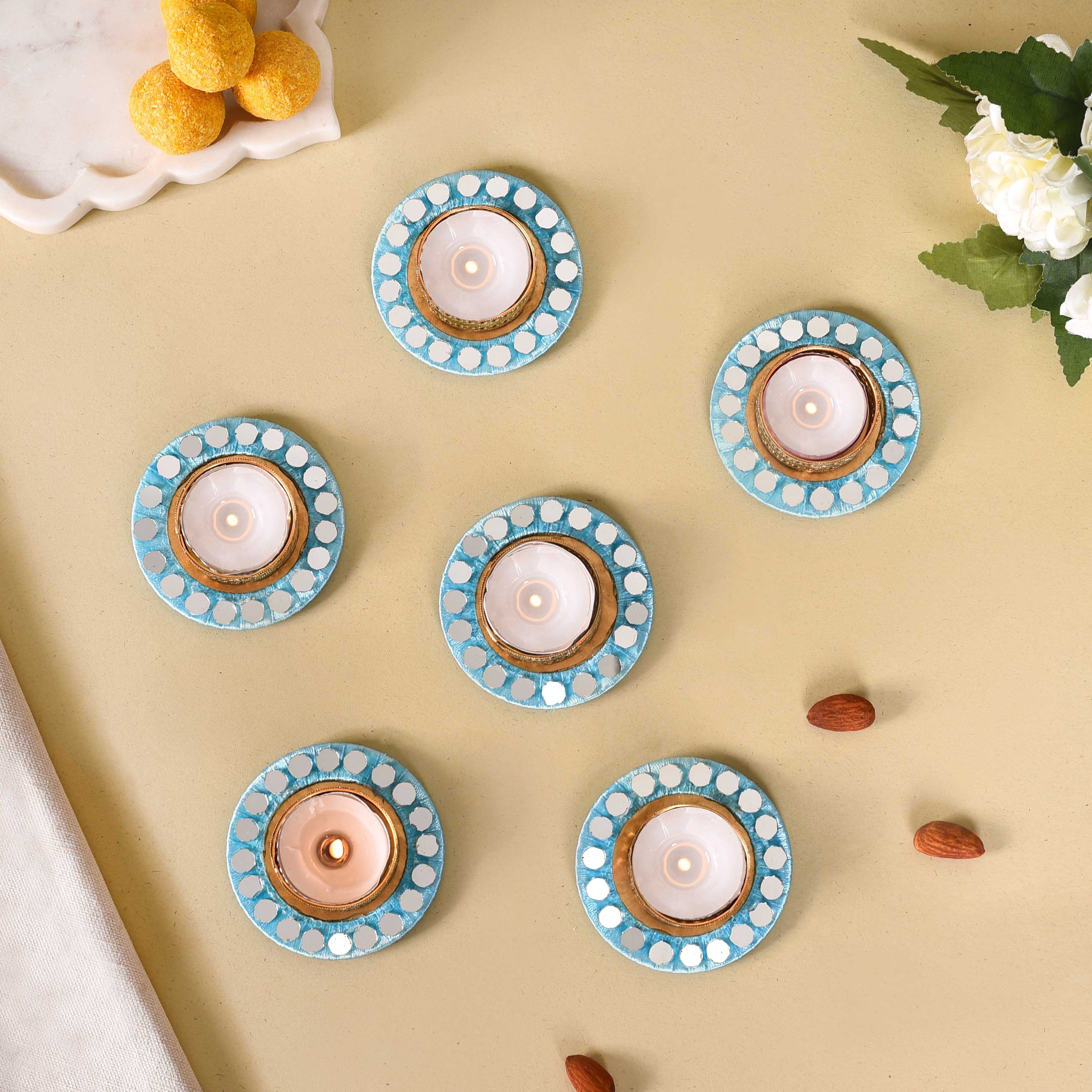 Set Of 6 Blue Mirrorwork Tea Light Candle Holders - Image 6
