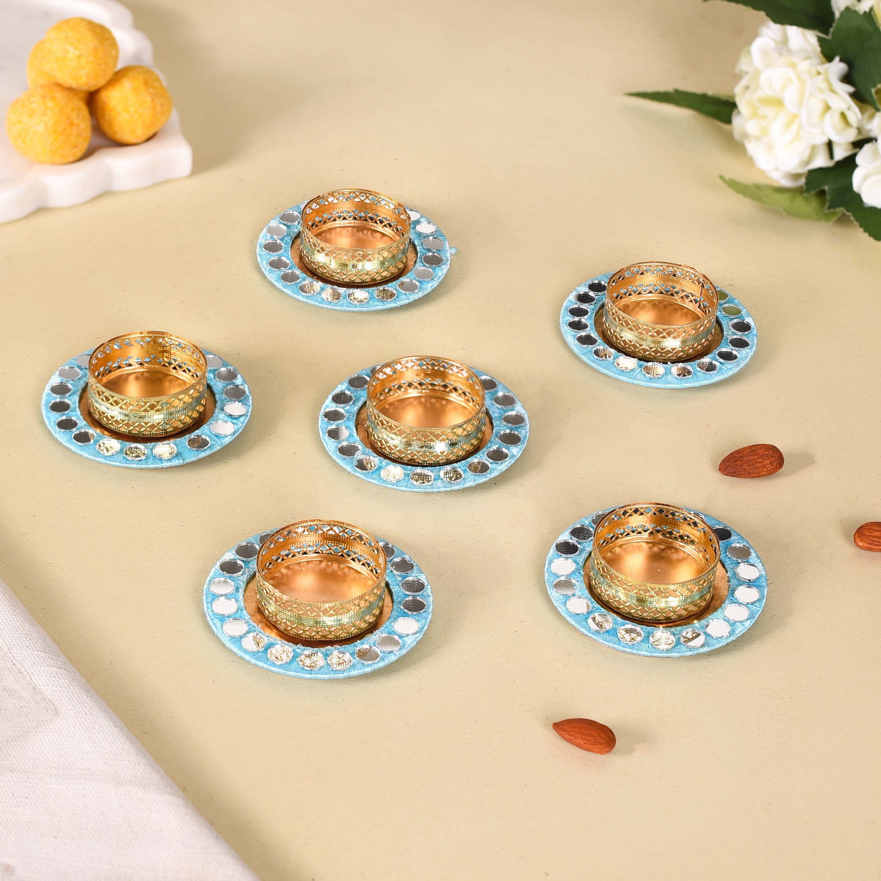 Set Of 6 Blue Mirrorwork Tea Light Candle Holders - Image 8