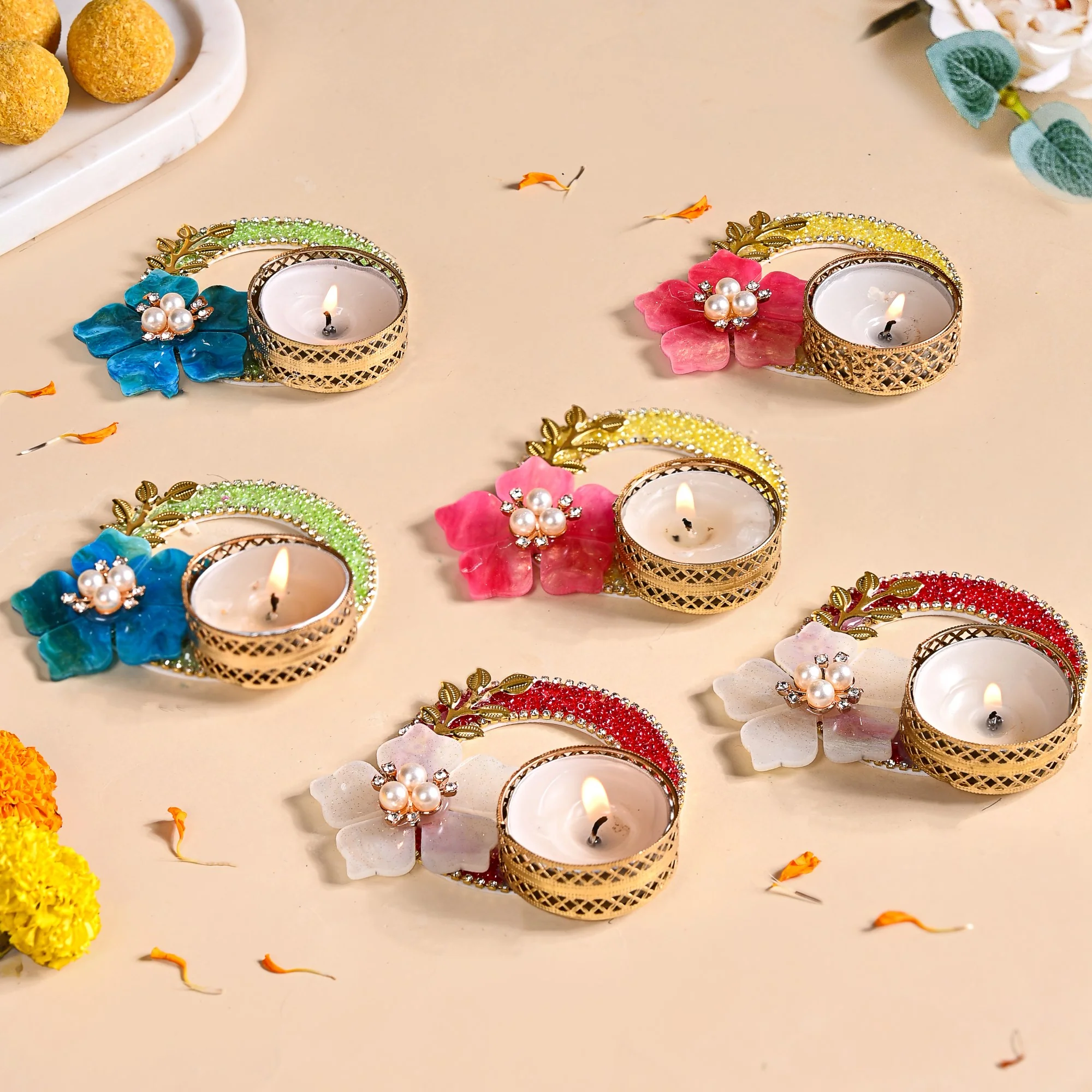 Set Of 6 Floral Ring Tea Light Holders - Image 2