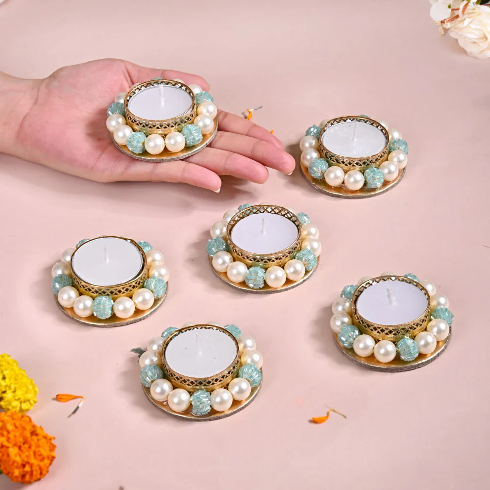 Set Of 6 Metal Tea Light Holders With Faux Pearls - Image 2